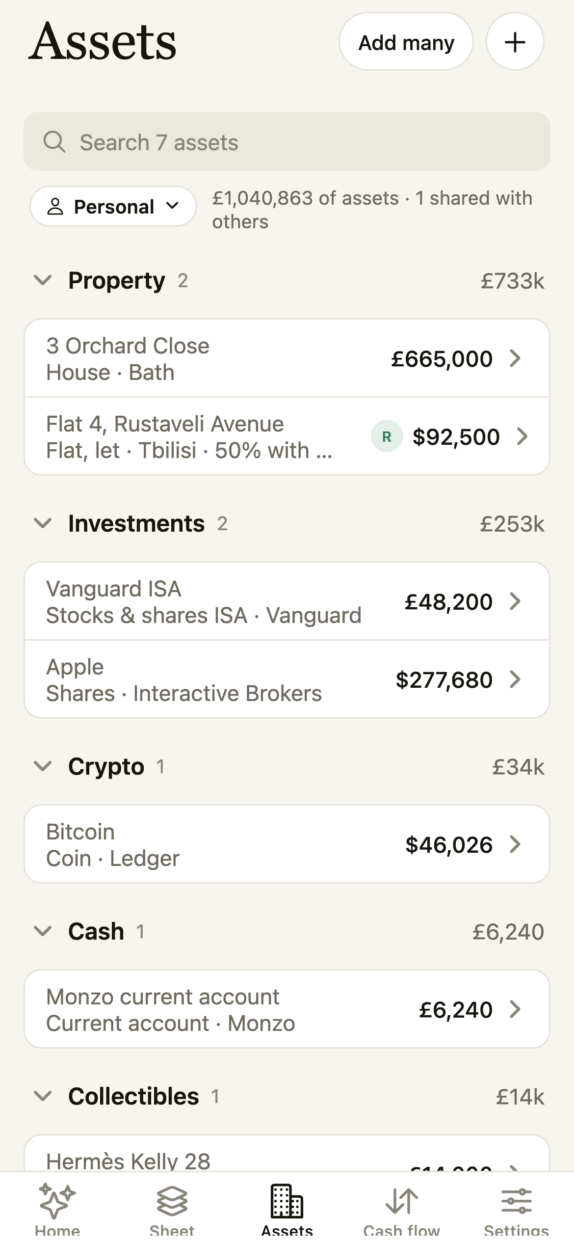 Assets grouped by category, one shared with a co-owner