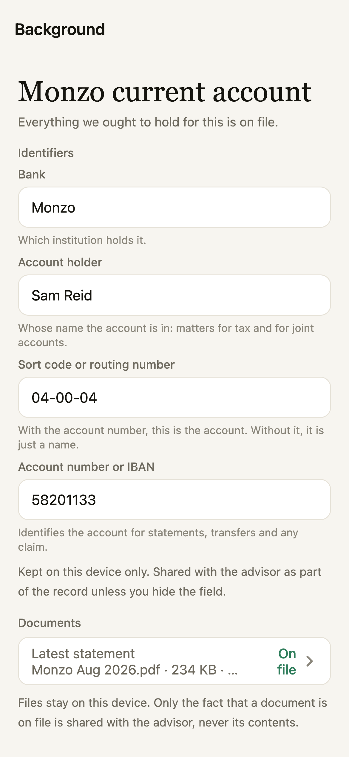 A bank account's background: bank, holder, sort code, account number and the latest statement on file
