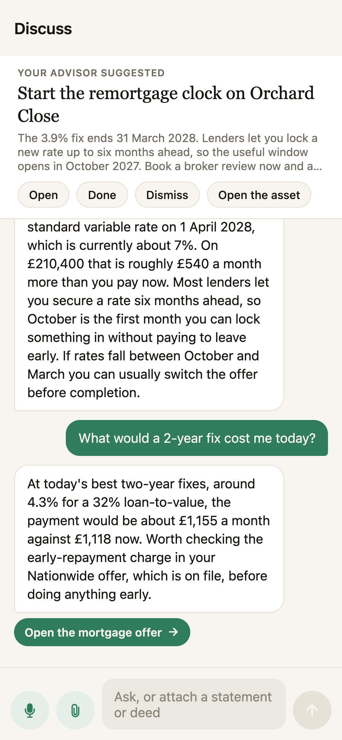 A conversation with the advisor about a remortgage card, with a button to open the mortgage offer