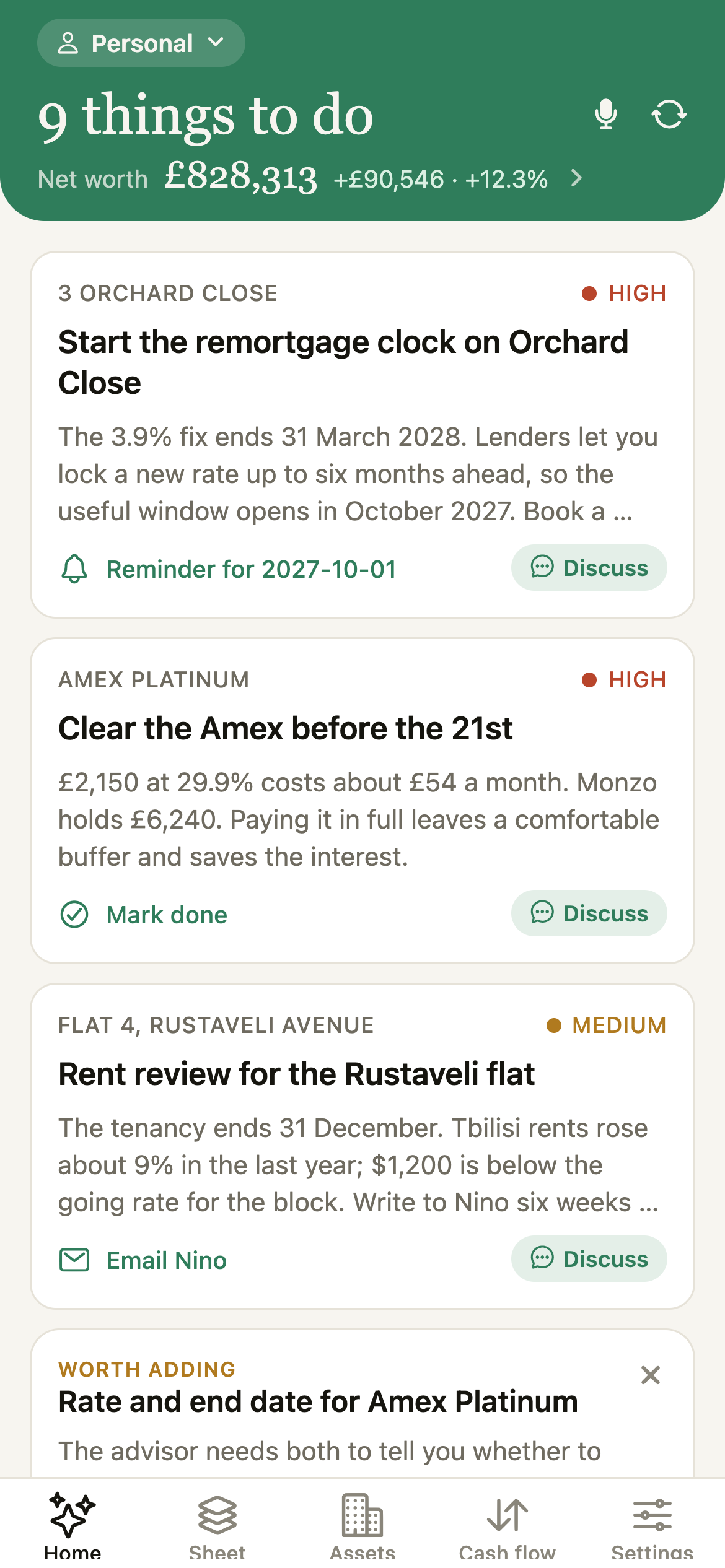 The Balance Sheet home feed: three actions from the advisor, each with a one-tap action and a Discuss button
